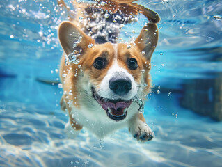 A cute Pembroke Welsh Corgi swims in the underwater, laughing and sticking out its tongue with bobbles. The background is blue and white, which seems to be app-style wallpaper design