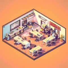 Naklejka premium Low Poly Office Interior: A charming and minimalist isometric illustration of a cozy office space, featuring a vibrant color palette and intricate details. Perfect for web design, branding, and modern