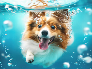 A cute Shetland Sheepdog swims in the underwater, laughing and sticking out its tongue with bobbles. The background is blue and white, which seems to be app-style wallpaper design