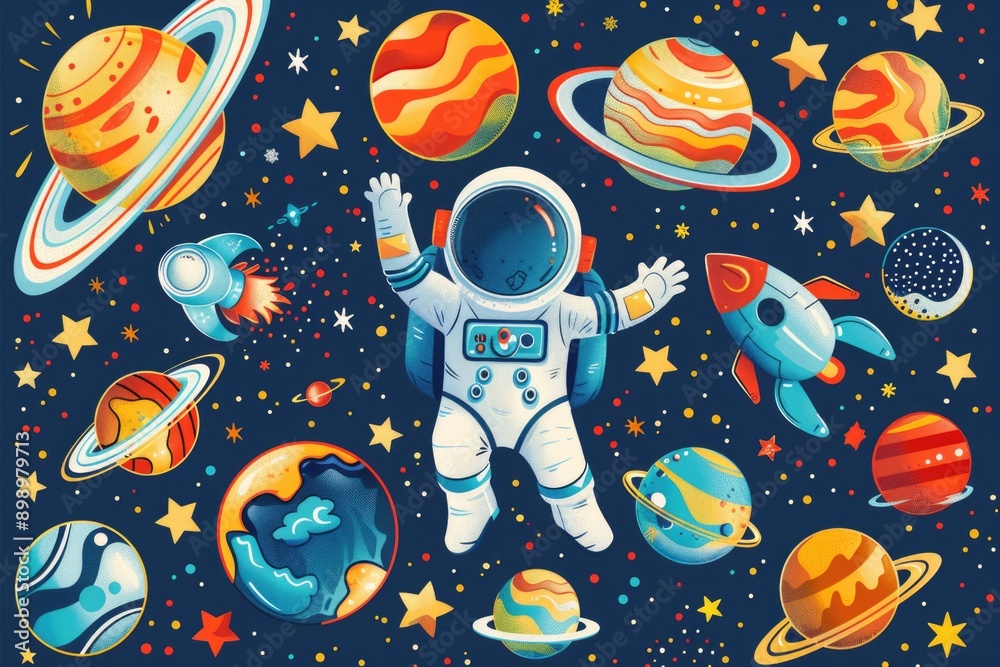 Poster an astronaut wearing a space suit floats among the planets in space, providing a stunning visual rep