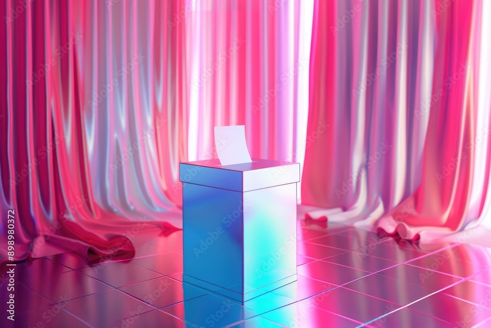 Poster a pink curtain is visible behind a white box in this image