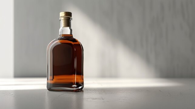 A single bottle of whiskey sits on top of a wooden table, perfect for a home bar or decorative accent