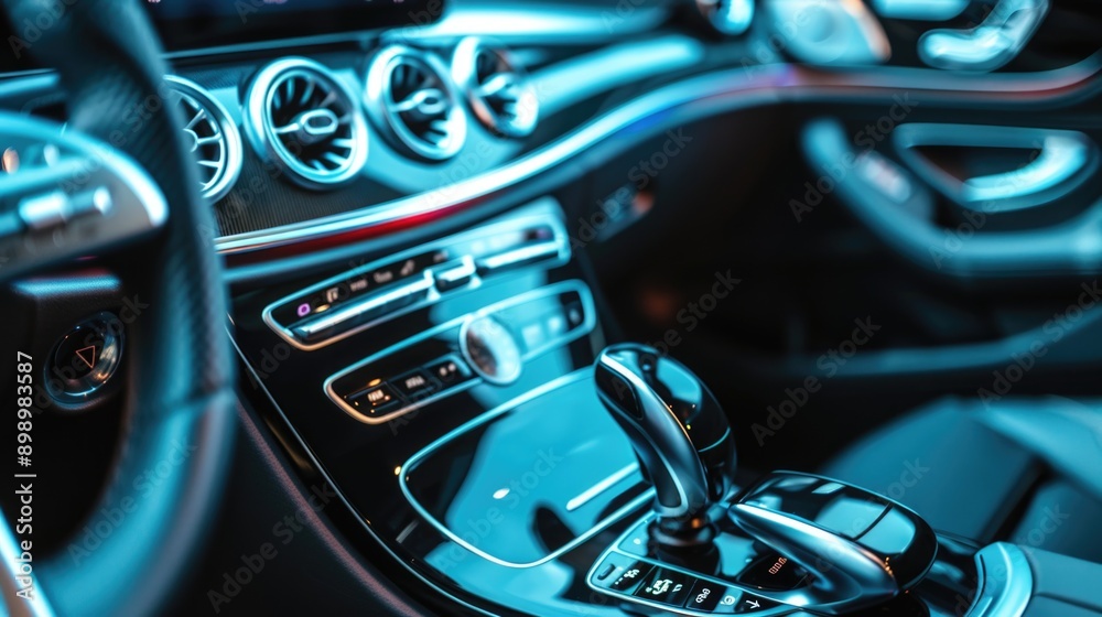Poster close-up of a car's dashboard featuring a steering control, suitable for automotive or transportatio