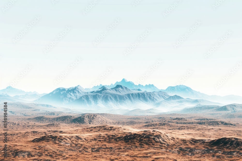 Poster A scenic view of a desert area with mountains in the distance, suitable for use in travel or adventure themes