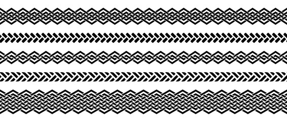 Seamless retro knot border set. Black repeating celtic divider or separator collection. Braid rope ornament motif pattern for banner, poster, frame. weaved design elements bundle. Vector pack