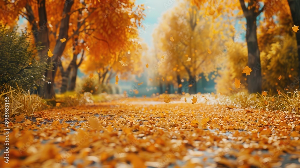 Poster A road with a single leaf covered surface and trees in the background