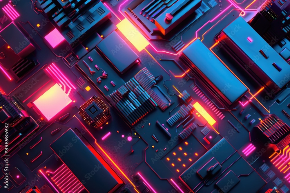 Aufkleber A close-up shot of a circuit board illuminated by neon lights, suitable for technology and electronics-related projects