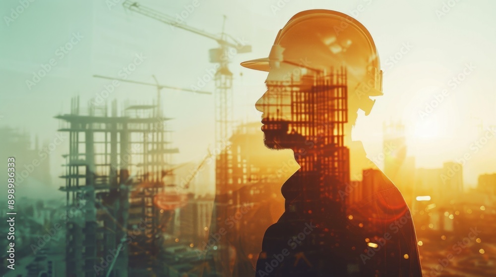 Poster a worker in a hard hat stands at the edge of a construction site, surrounded by building materials a