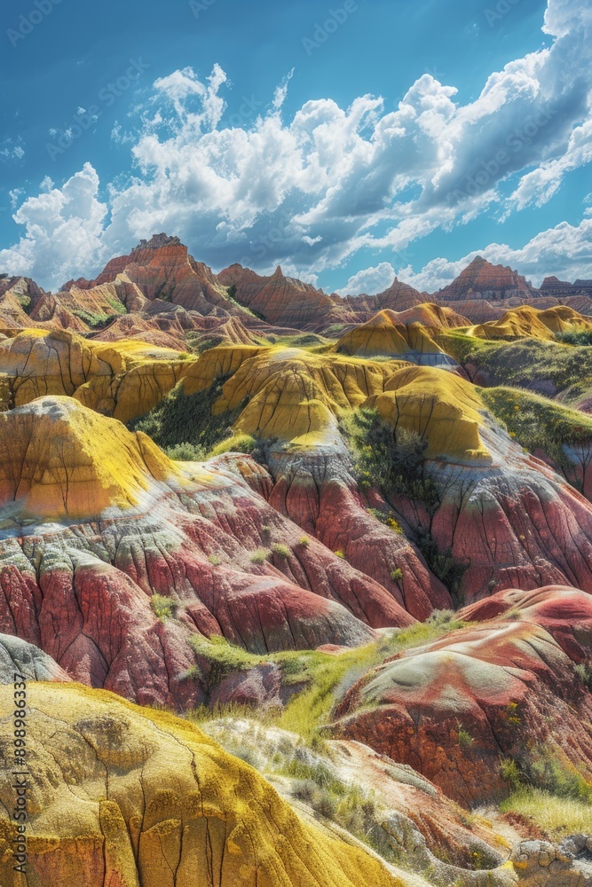 Poster A scenic view of a colorful mountain range with clouds in the sky, perfect for use as a background or to represent nature and adventure