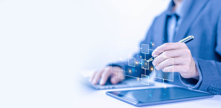 design workflow automation with flowcharts. diagram algorithm flow, model work structure digital, hierarchy scheme in computer laptop. business process and data management organigram