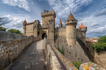 Obraz premium A medieval-inspired scene featuring a stone wall with a winding path leading to a majestic castle