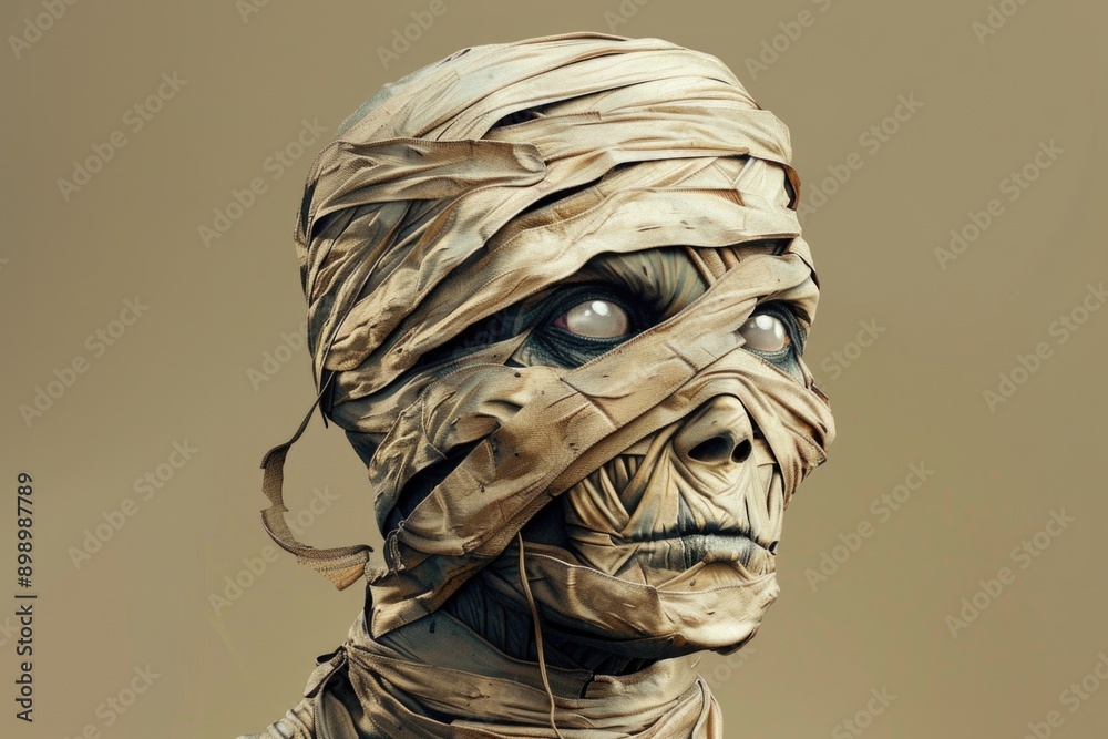 Poster a close-up of a statue featuring a man with a bandage on his face, ideal for use in scenes where som