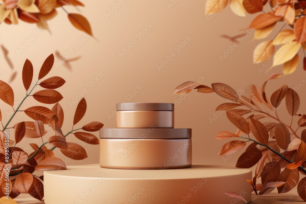 Poster Stack of containers on a wooden table, ideal for storage or display purposes