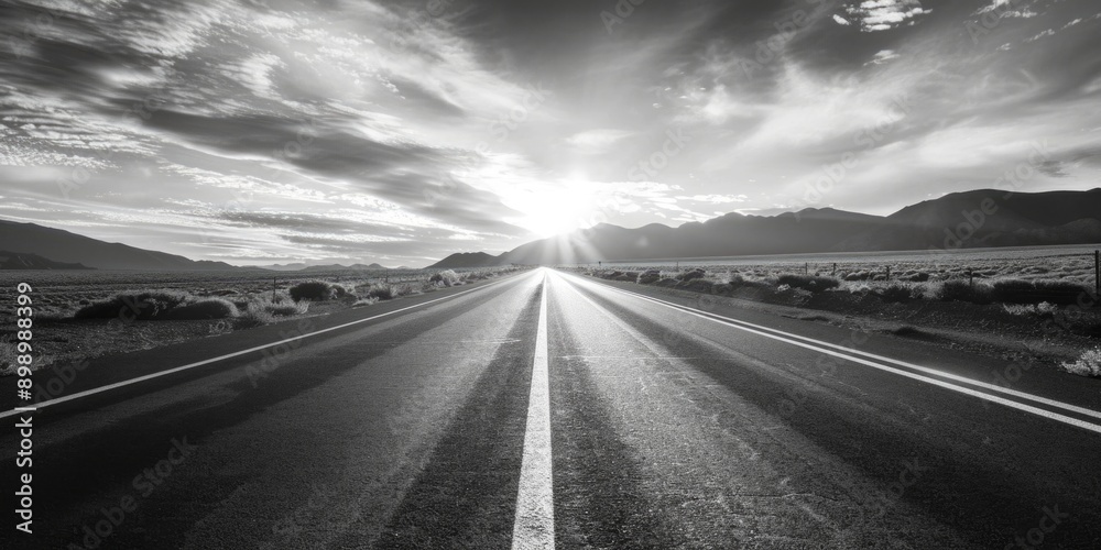 Poster black and white image of a deserted road in the desert, suitable for use as a background or in trave