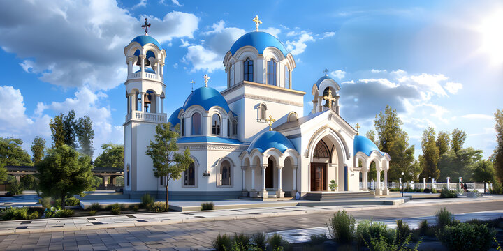 Igreja ortodoxa grega com c&uacute;pulas azuis