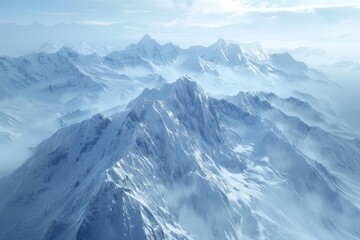 Fototapeta premium Snowy mountain range seen from airplane window