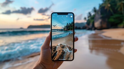 Close-up of a person holding a phone taking a picture of a beautiful tropical beach