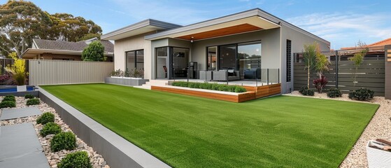 The front yard of a contemporary Australian home or residential building showcases artificial grass lawn turf with timber edging