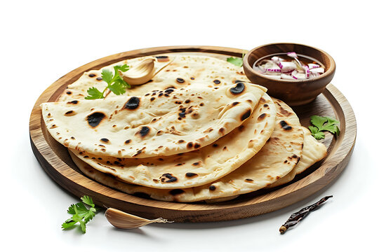 Board and plate of tasty Chapati with on white background.