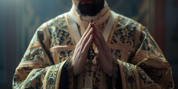 Padre ortodoxo grego com manto ornamentado