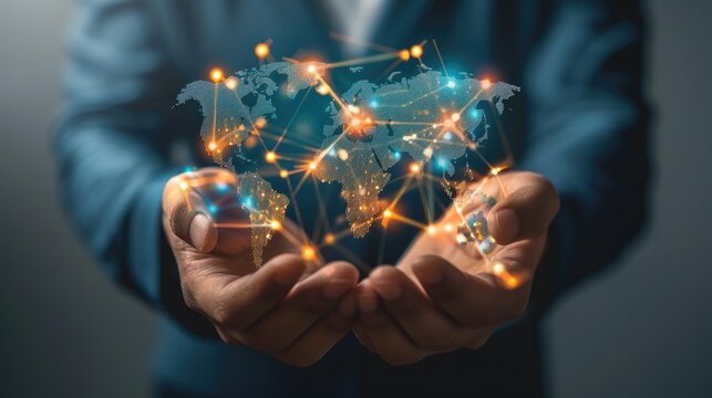 Smart global logistics: virtual interface panel with network distribution and transportation in businessman hands.