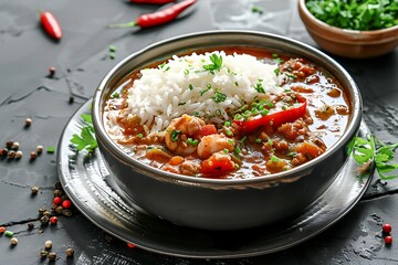 A bowl of chicken curry with rice on a wooden table