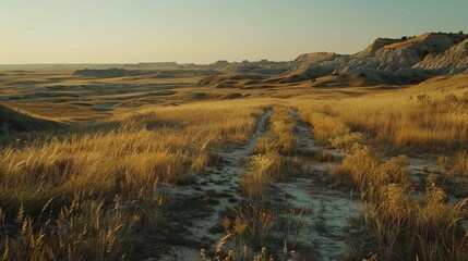 A dirt road winds its way through a grassy field, with a steep cliff in the background