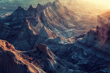 A scenic view of a mountain range at sunset with warm lighting and a vast landscape