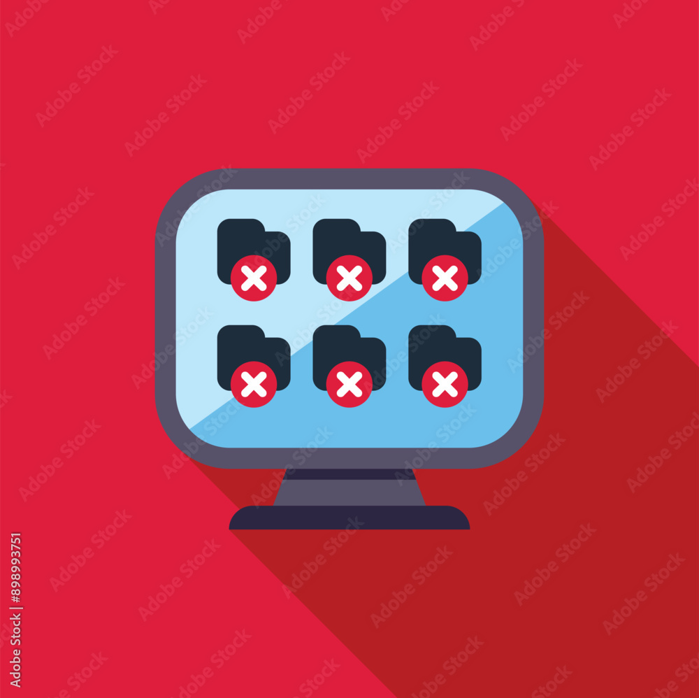 Poster illustration of a computer monitor displaying six folders each marked with a red cross, symbolizing 