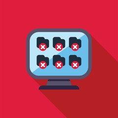 Illustration of a computer monitor displaying six folders each marked with a red cross, symbolizing corrupted files or data loss