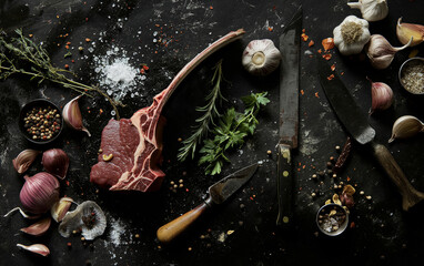 Obraz premium Lamb meat ribs. Fresh lamb mutton ribs with herbs. Butchery, meat shop, farm, recipe book. Kitchen, cooking, food, restaurant menu. From above, top view