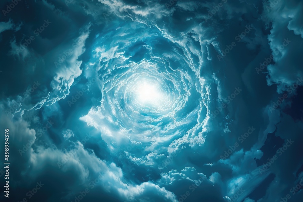 Poster aerial view of a spiral shape appearing in the sky, possibly caused by atmospheric phenomena or opti