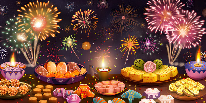 Celebra&ccedil;&atilde;o do festival hindu com fogos de artif&iacute;cio e doces