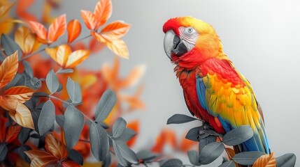 Obraz premium Scarlet macaw with red, orange, yellow and blue feathers perching on a branch covered with orange and teal leaves
