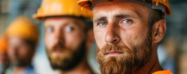 Blue collar workers standing together in their work uniforms and safety gear proudly showcasing and celebrating their skilled trades at a Labor Day event