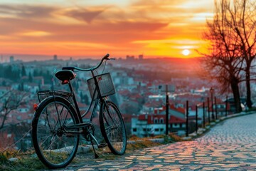 Fototapeta premium A bicycle parked on a cobblestone road, ideal for travel or storage