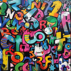 A vibrant graffiti-style artwork filled with words and letters characters and objects, featuring bold colors