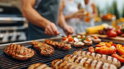 A joyful Labor Day with friends and family gathered around the grill savoring the delicious aromas and flavors of expertly prepared grilled meats vegetables and refreshing beverages in a warm