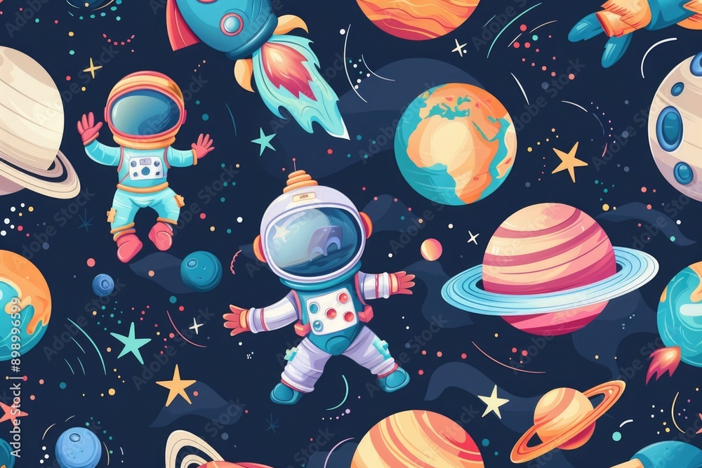 Poster An astronaut floating in zero gravity surrounded by stars and planets