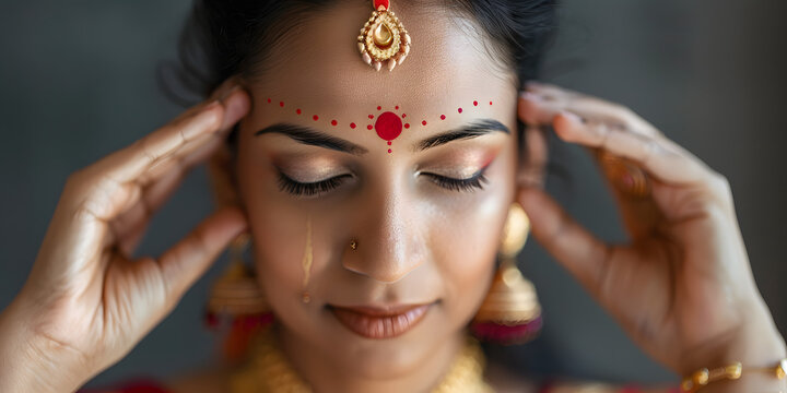 Mulher hindu aplicando bindi vermelho na testa