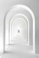 Fototapeta premium Infinite White Arches: A Journey Through a Serene, Minimalist Corridor Illuminated by Soft, Ambient Light