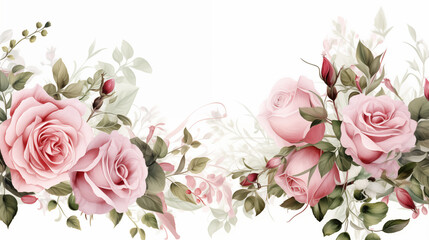 Fototapeta premium Elegant Floral Composition With Pink Roses And Buds Against A White Background
