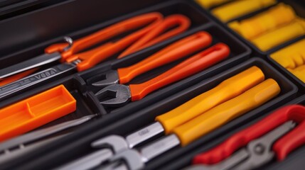 Fototapeta premium Neatly organized toolbox filled with essential hand tools such as wrenches pliers screwdrivers and hammers in a deep depth of field