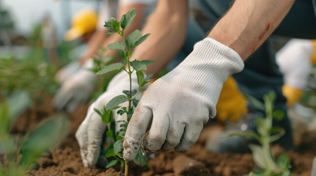 Volunteer hands carefully planting a young seedling in soil during a charity community event showcasing the spirit of environmental conservation social responsibility