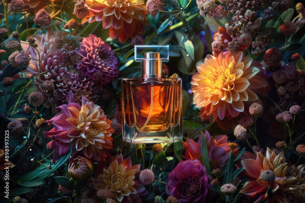 Poster A close-up shot of a perfume bottle surrounded by flowers, ideal for use in beauty or lifestyle contexts