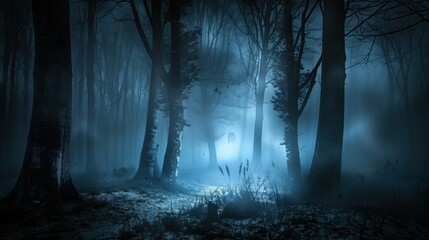 A Halloween background showing a scary forest at night with trees mist