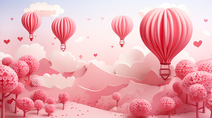 Ethereal Pink Landscape With Heart-Shaped Hot Air Balloons Floating Among Pink Trees And Clouds