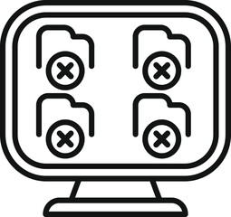 Line icon representing a computer screen displaying multiple folders with errors, suggesting data loss or corruption