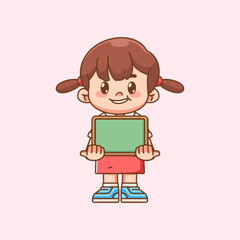 Cute girl Indonesian student elementary school hold blank board kawaii chibi character mascot illustration