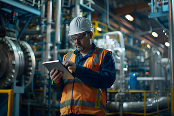 Industrial Engineer in Hard Hat and Safety Vest Using Digital Tablet to Monitor Factory Production Processes in Modern Manufacturing Plant at Night